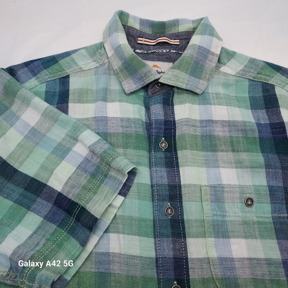 Tommy Bahama Jeans Mens Small Green Blue Plaid Cotton SS Button Down‎ TD313791